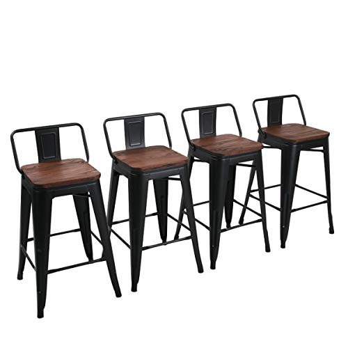 Yongchuang 24″ Metal Barstools Set of 4 Counter Bar Stools with Wood Top Low Back Matte Black