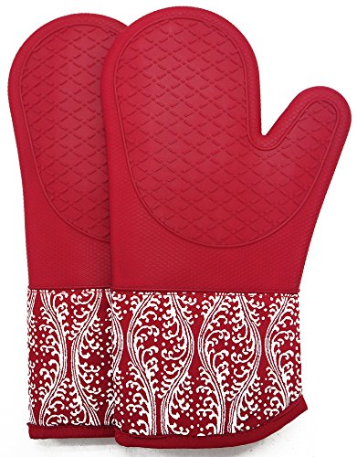 Professional Microwave Silicone Oven Mitts for one Pair, Kitchen Lines Set for Heat Resistant with 500 Degrees, Kitchen Gloves Pot Holder for BBQ Cooking Baking (Red)