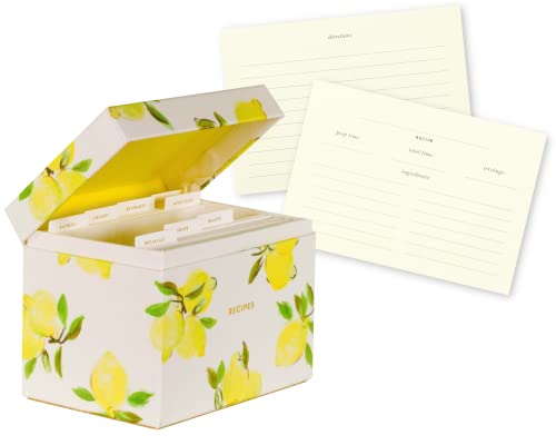 Kate Spade New York Recipe Box with Cards and Dividers, Kitchen Organizer Includes 40 Double Sided Recipe Cards and 8 Divider Tabs, Lemon