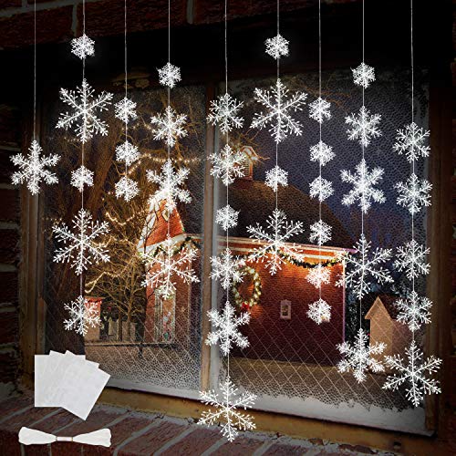 BTNOW 63 Pieces 4 Sizes White Christmas Snowflake Decorations Snowflake Ornaments Garland, 8 Meters White Strings and 60 Pieces Round Double Side Tape for Home Christmas Holiday Party Decorations