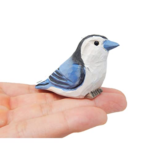 Nuthatcher Blue Wood Figurine Nutcracker Bird Garden Statue Sculpture Decor Miniature Art Carve Small Animal