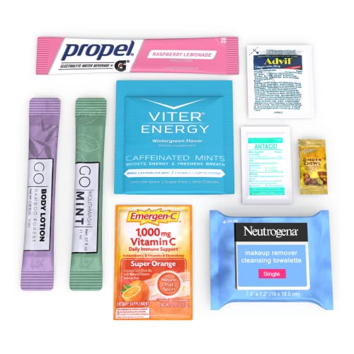 Go Essentials Hangover Kit Supplies. 8 Sets of Prevention and Recovery Products – Perfect for Bachelorette Party Supplies, 21st Birthday party favor, Wedding Bags, Recovery Kits – Includes Electrolytes, Caffeine, Mouthwash, etc