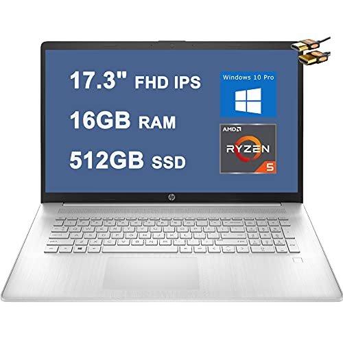 HP 17 Business Laptop Computer 17.3″ FHD IPS Display AMD Hexa-Core Ryzen 5 5500U (Beats i7-1160G7) 16GB RAM 512GB SSD Fingerprint Reader USB-C Office365 Win10 Pro Silver + HDMI Cable
