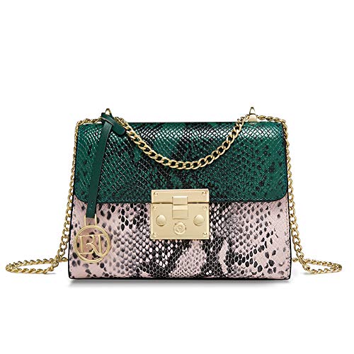 Snakeskin Cow Leather Crossbody Handbags Purses for Women Lady Satchel Shoulder Bags with Chain Strap (01 Snake Green)