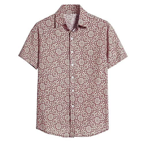XZNB Hawaiian Shirt for Men, Cotton and Linen V Neck Shirts Casual Loose Floral Print Short Sleeve Button Up Lapel Tops Mens Christmas Shirts Golf Shirts Ping Golf Shirts for Men Polo Shirts for Men