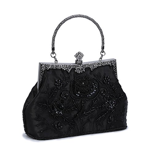 UBORSE Women’s Embroidered Beaded Sequin Evening Clutch Large Wedding Party Purse Vintage Bags (Black)