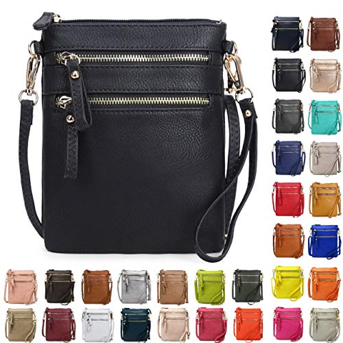 Solene Women’s Faux Leather Organizer Multi Zipper Pockets Handbag With Detachable Wristlet Crossbody Bag-WU002(Black)