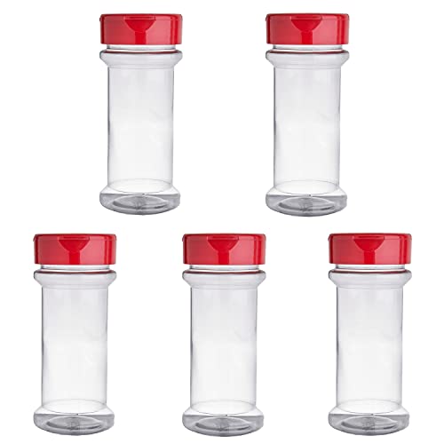 Skyway Supreme 7 OZ Clear Plastic Spice Bottles Seasoning Containers Jars – Set of 5 – Flap Cap with Pour and Sifter Spice Shaker – Durable Refillable Perfect For Herbs Spices and Rubs – BPA Free