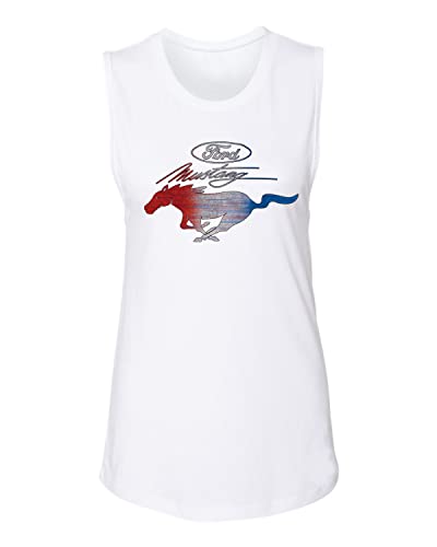 Ford Mustang Shirt USA Flag Mustang Emblem T-Shirt Cars and Trucks Women’s Jersey Muscle Tank, White, Medium
