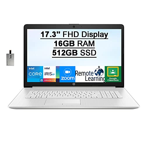 HP 17.3ft HD+ Laptop, Intel Core i5-1135G7 Processor(> i7-1065G7), 16GB RAM, 512GB PCIe SSD, Backlit Keyboard, Iris Xe Graphics, HD Audio, Webcam, Win 10, Silver, 32GB USB Card, HP, Natural Silver