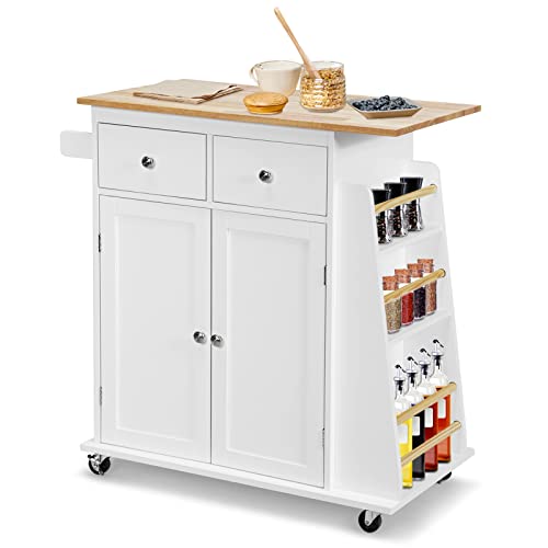 COSTWAY Kitchen Island on Wheels, Utility Trolley Cart with Adjustable Shelf, 2 Drawers, 3-Tier Spice Rack, Towel Rack, 2-Door Cabinet, Rubber Wood Countertop, Lockable Casters for Dining Room (White)