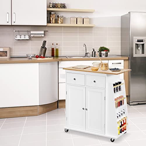 COSTWAY Kitchen Island on Wheels, Utility Trolley Cart with Adjustable Shelf, 2 Drawers, 3-Tier Spice Rack, Towel Rack, 2-Door Cabinet, Rubber Wood Countertop, Lockable Casters for Dining Room (White) | The Storepaperoomates Retail Market - Fast Affordable Shopping