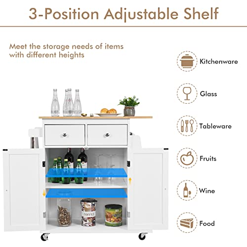 COSTWAY Kitchen Island on Wheels, Utility Trolley Cart with Adjustable Shelf, 2 Drawers, 3-Tier Spice Rack, Towel Rack, 2-Door Cabinet, Rubber Wood Countertop, Lockable Casters for Dining Room (White) | The Storepaperoomates Retail Market - Fast Affordable Shopping