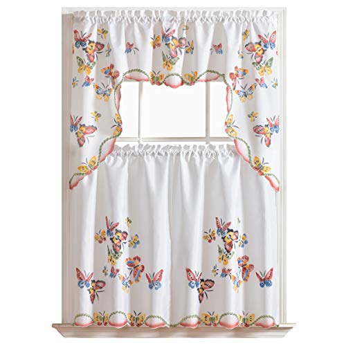 GOHD – 3pcs Kitchen Curtain/Cafe Curtain Set, Air-brushed By Hand of Flying Butterfly Design (swag & 36″ tiers set)