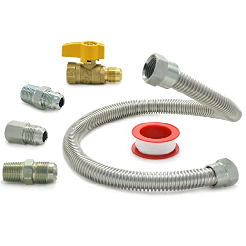 TT FLEX One Stop Gas Appliance Hook Up Kit, 22″ Stainless Steel Flexible Gas Connector with 1/2″ Brass Gas Shut off Valve and Fittings for Gas Log, Stove, Garage Heater, Dryer, Fireplace, 6-Piece
