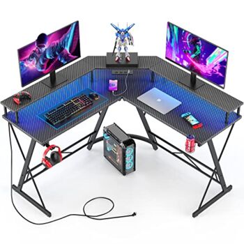 Mr IRONSTONE Gaming Desk with Led Lights ＆Power Outlet, L Shaped Computer Corner Desk with Cup Holder ＆ Headphone Hook, Carbon Fiber Home Office Desks with Large Monitor Stand, Graphite Black, 50” | The Storepaperoomates Retail Market - Fast Affordable Shopping
