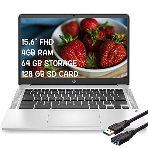 Flagship HP Chromebook 14 Laptop Computer 14″ FHD IPS Display Intel Celeron N4000 4GB RAM 64GB eMMC + 128GB SD Card B&O Webcam WiFi Chrome OS (Silver)+ iCarp USB Extension