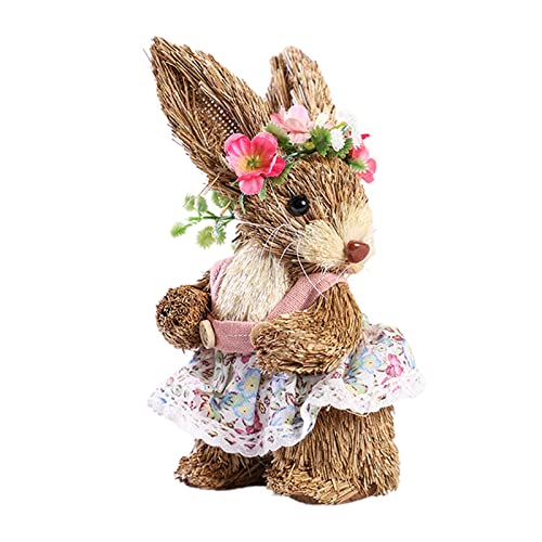 Okngr Easter Bunny Straw Figurine, Standing Rabbit Statue,Handmade Straw Cute Bunny Ornament , Easter Day Straw Bunny Figurine Decor Handmade Ornaments Gifts for Home Table Decorations