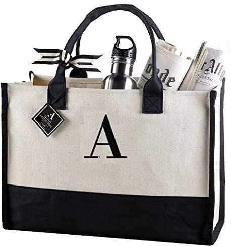 Mud Pie Classic Black and White Initial Canvas Tote Bags (A), 100% Cotton, 17″ x 19″ x 2″