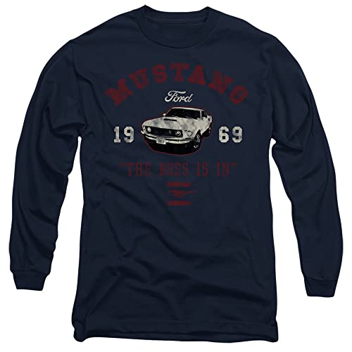 Popfunk Classic Ford Mustang The Boss is in Unisex Adult Long-Sleeve T Shirt, Navy, X-Large