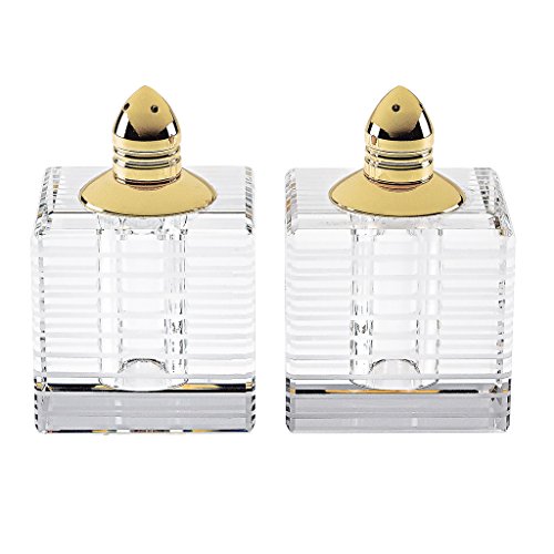 Badash Crystal Salt and Pepper Shaker Set – 2.75″ Tall Pinstripes Hand-Cut Optical Crystal Glass Shakers with Gold Tops – Set a Beautiful Table