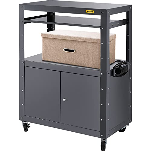 VEVOR AV Cart, 27-41″ Height Media Cart with Power Strip, 33 x 18″ Presentation Cart with Locking Cabinet, Keyboard Tray and 2 Locking Brakes, 150 lbs Heavy-Duty AV Cart Fit for Office and School