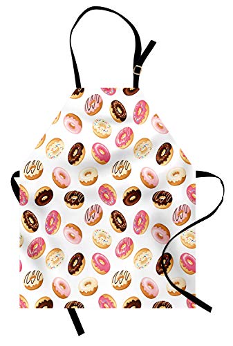 Ambesonne Food Apron, American Traditional Classic Breakfast Fast Food Dessert Tasty Donuts Art Print, Unisex Kitchen Bib with Adjustable Neck for Cooking Gardening, Adult Size, Cream Coral