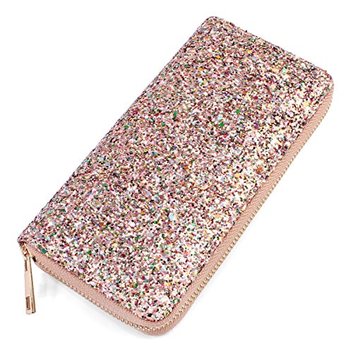 MYS Collection RIAH FASHION Rainbow Glitter Zip Around Wallet – Sparkly Confetti Single Zipper Clutch Purse with Card Slots (Rainbow – Pink)