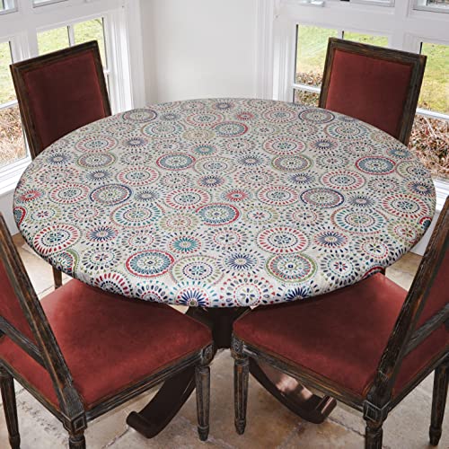 Deluxe Elastic Edged Flannel Backed Vinyl Fitted Table Cover – MULTI-COLOR GEOMETRIC MEDALLION – Small Round – Fits Tables Up to 44” Diameter