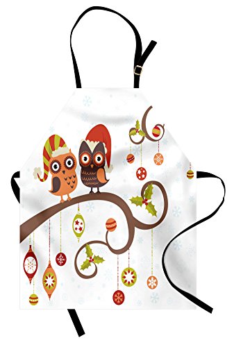 Ambesonne Christmas Apron, Owls on Celebrating Twiggy Tree Branches Annual Yule Noel Christmas Themed Print, Unisex Kitchen Bib with Adjustable Neck for Cooking Gardening, Adult Size, Grey Brown