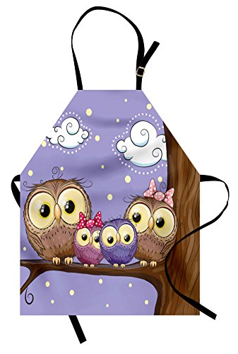 Ambesonne Bird Apron, Cartoon Style Owl Bird Family Mother Father Daughter Son Sitting on a Branch, Unisex Kitchen Bib with Adjustable Neck for Cooking Gardening, Adult Size, Lavender Brown