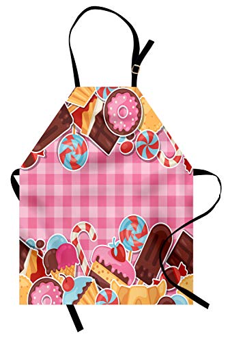 Ambesonne Sweets Apron, Candy Cookie Sugar Lollipop Cake Ice Cream Girls Design, Unisex Kitchen Bib with Adjustable Neck for Cooking Gardening, Adult Size, Brown Pink