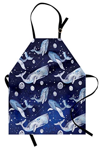 Ambesonne Whale Apron, Fishes and Planets Hovering Amongst Stars in Outer Space Cosmos Illustration, Unisex Kitchen Bib with Adjustable Neck for Cooking Gardening, Adult Size, Purple Grey