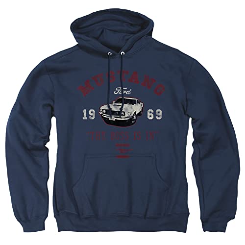 PopFunk Classic Ford Mustang The Boss Is In Unisex Adult Pull-Over Hoodie, Navy, X-Large