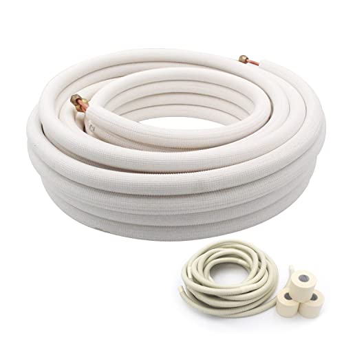 25 Ft Air Conditioning Copper Tubing Pipe Extension, 1/4″ 1/2″ 3/8″ PE Thickened for Mini Split AC and Heating Equipment Insulated Coil Line HVAC Refrigerant with Nuts (1/4″ & 1/2″* 3/8″ PE WITH NUTS)