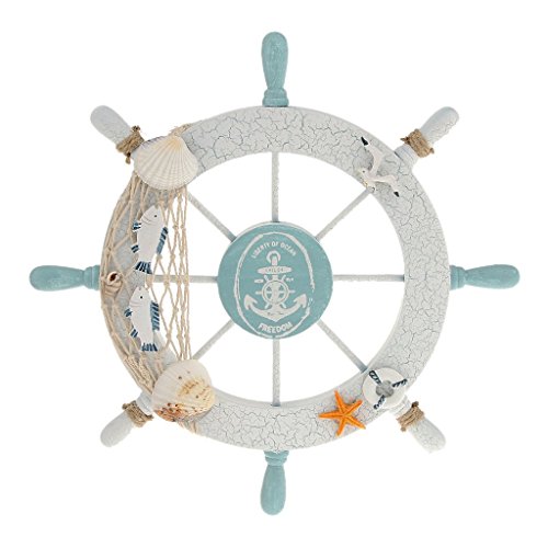 Rienar Nautical Beach Wooden Boat Ship Steering Wheel Fishing Net Shell Home Wall Decor White – Fish