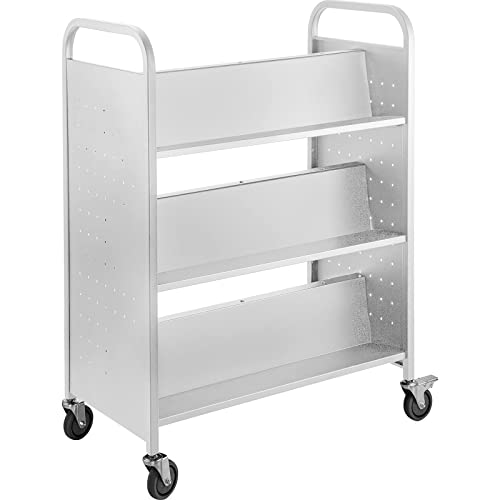 VEVOR Book Cart, 200LBS Library Cart, 49.2”x35.4”x18.9” Rolling Book Cart, Double Sided W-Shaped Sloped Shelves with Lockable Wheels for Home Shelves Office School Book Truck White