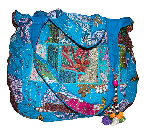 Tribe Azure Large Women Embroidered Shoulder Bag Tote Tassel Colorful Comfortable Roomy Casual Fashion Market Grocery Everyday (Turquoise Blue)