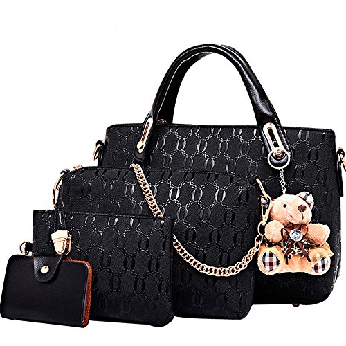 FiveloveTwo Women 4 Pcs Top Handle Satchel Hobo Handbag Set Large Tote +Purse +Shoulder Bag+Card Holder Black