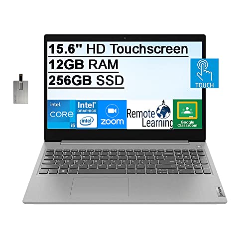 2022 Lenovo IdeaPad 3 15.6″ HD Touchscreen Laptop Computer, 10th Gen Intel Core i5-1035G1, 12GB RAM, 256GB SSD, Intel UHD Graphics, HD Webcam, Bluetooth, Windows 10, Grey, 32GB SnowBell USB Card