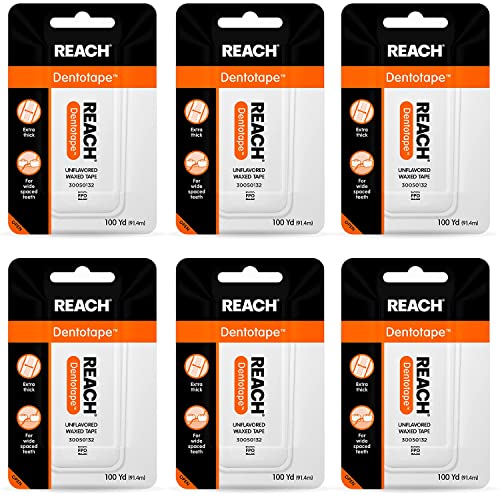 Reach Dentotape Waxed Dental Floss | Effective Plaque Removal, Extra Wide Cleaning Surface | Shred Resistance & Tension, Slides Smoothly & Easily | Unflavored, 100 Yards, 6 Pack