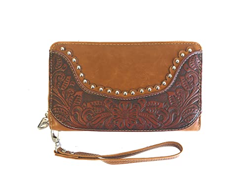 Montana West Ladies Wristlet Wallet 2-in-1 Western Tooled Genuine Leather Zippered Enclosure Brown