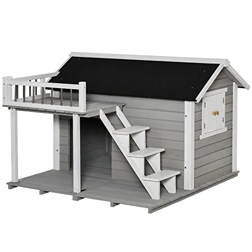 PawHut 2-Tier Outdoor Dog House Cabin Style with Porch and Balcony, Wooden Raised Dog Shelter with Asphalt Roof, Side Window, for Medium, Large Sized Dogs Up to 55 lbs.