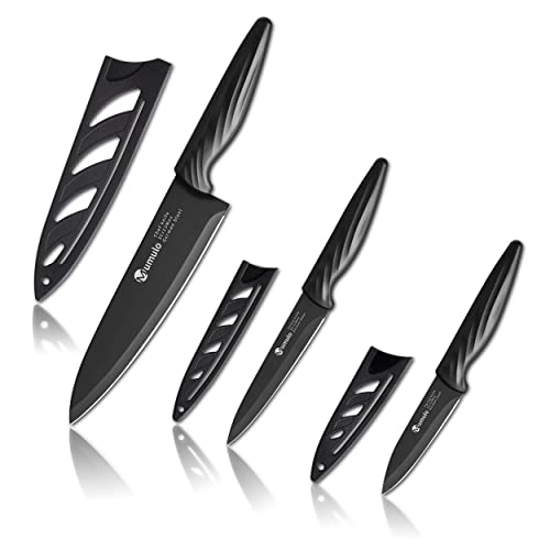 Mumulo Kitchen knife, Chef Knife Set With Sheath, German Stainless Steel Kitchen Knife Set, 6Pcs, 8 Inch Chef’s Knife & 4.5 Inch Utility Knife & 4 Inch Paring Knife & 3 Matching Knife Covers, Black.