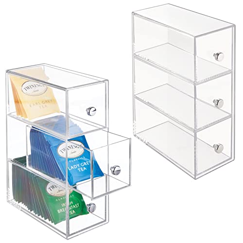 mDesign Plastic Kitchen Pantry Stackable Storage Organizer Container Station with 3 Drawers for Cabinet, Countertop, Holds Coffee, Tea, Sugar Packets, Creamers, Drink Pods, Packets – 2 Pack – Clear