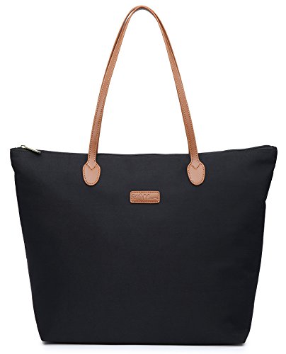 NNEE Water Resistant Light Weight Nylon Tote Bag Handbag – Medium Size, Black