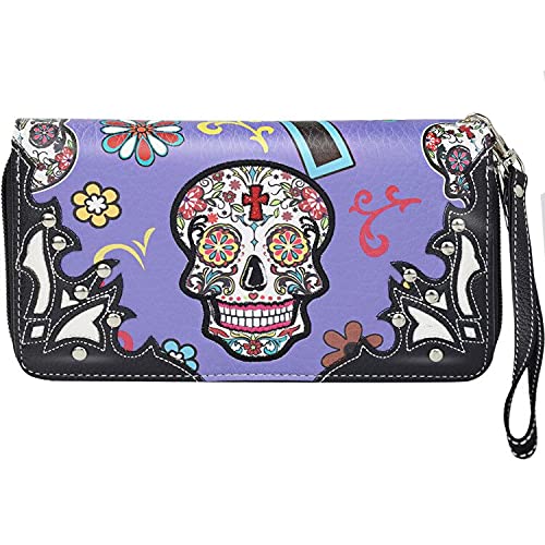 Western Style Handbag Purse for Women, Buckle Clutch Blocking Wristlet Wallet Sugar Skull Western Purse Wallet (Purple Sugar Skull)