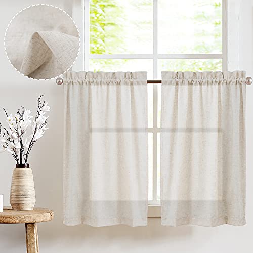 jinchan Beige Kitchen Curtains Linen Tier Curtains 36 Inches Farmhouse Cafe Curtains Flax Country Rustic for Bathroom Laundry Room RV 2 Panels Crude