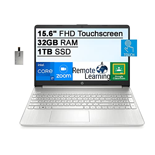 2021 HP 15.6 In FHD IPS Touchscreen Laptop Computer, Intel Core i7-1165G7 (Beats i7-1065g7), 32GB RAM, 1TB SSD, Iris Xe Graphics, HD Webcam, Audio, Win 11 S, Silver, SnowBell USB Card, Natural Silver