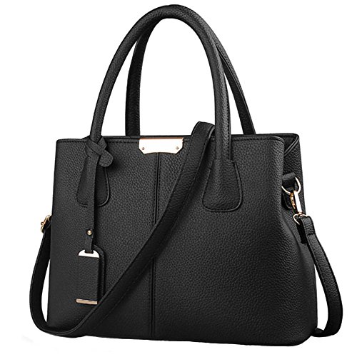 FiveloveTwo Women Ladies Classy Satchel Handbag Tote Purse PU Leather Top- Handle Shoulder Bag Black